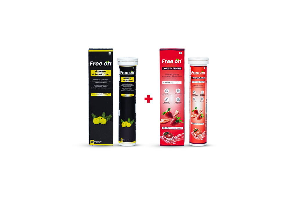 FreeOn radiance & resilient effervescent tablet tube a combo of L-Glutathione and Vitamin-C with Amla extract. This combos helps you get the glow on your skin, hydrates skin, helps reducing wrinkles and antioxidant suport. trhis roduct are completet vegetarian and come with pack of 20 effervescebt tablet in a tube