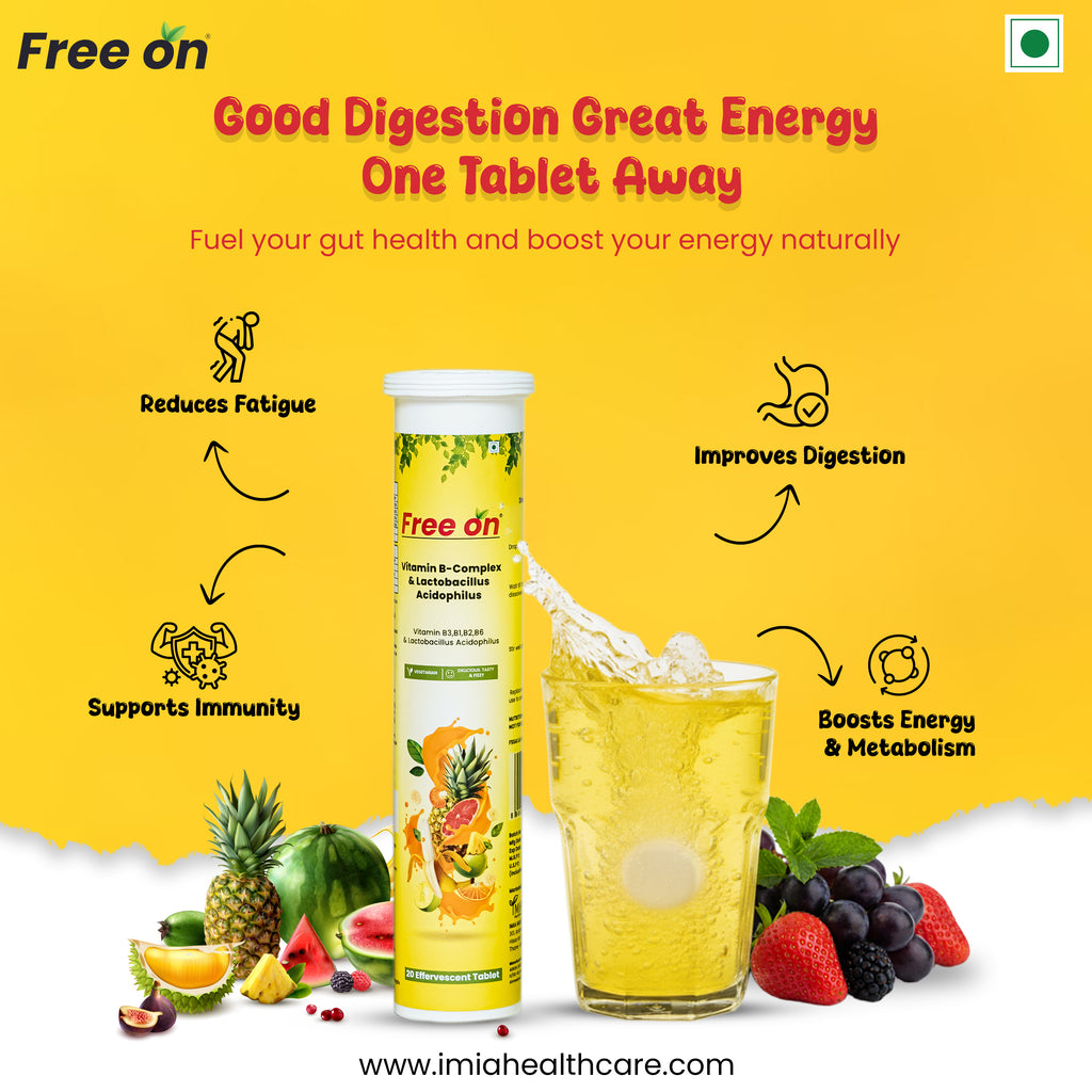 Free on Effervescent Tablets for gut health and energy featuring Vitamin B-Complex and Lactobacillus Acidophilus. The image shows a yellow supplement tube and a dissolving tablet in a glass of water, surrounded by fresh fruits like pineapple, strawberries, and grapes. Improves Digestion, Reduces Fatigue, Supports Immunity, and Boosts Energy & Metabolism.