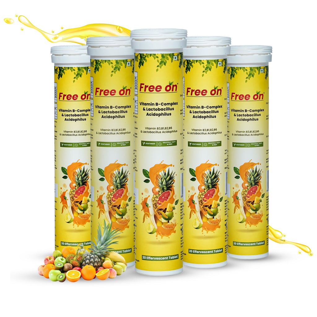 Multiple tubes of Free on supplement with fruit graphics on a white background