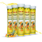 Multiple tubes of Free on supplement with fruit graphics on a white background