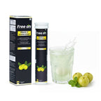 Free on Vitamin-C & Amla Extract packaging with a glass of juice and fruits on a white background