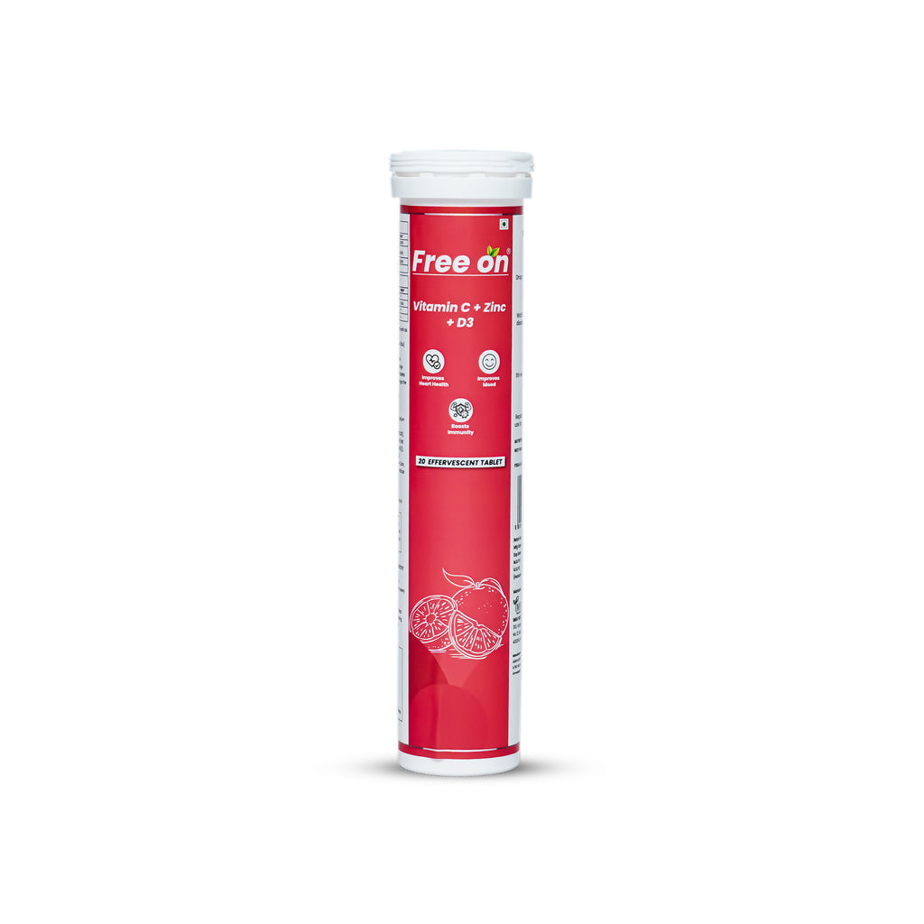 Red and white supplement tube labeled 'Free on' on a white background