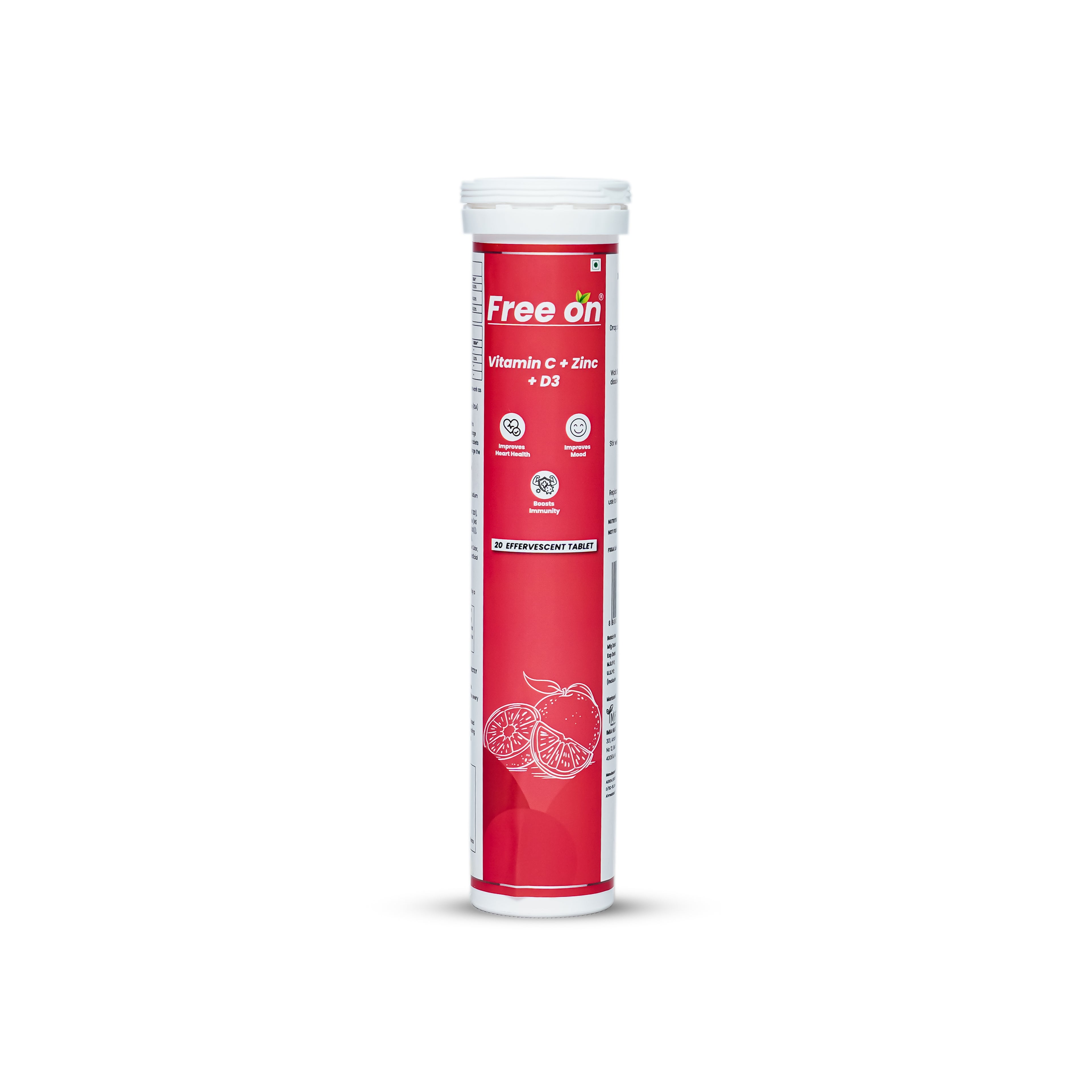 Red and white supplement tube labeled 'Free on' on a white background