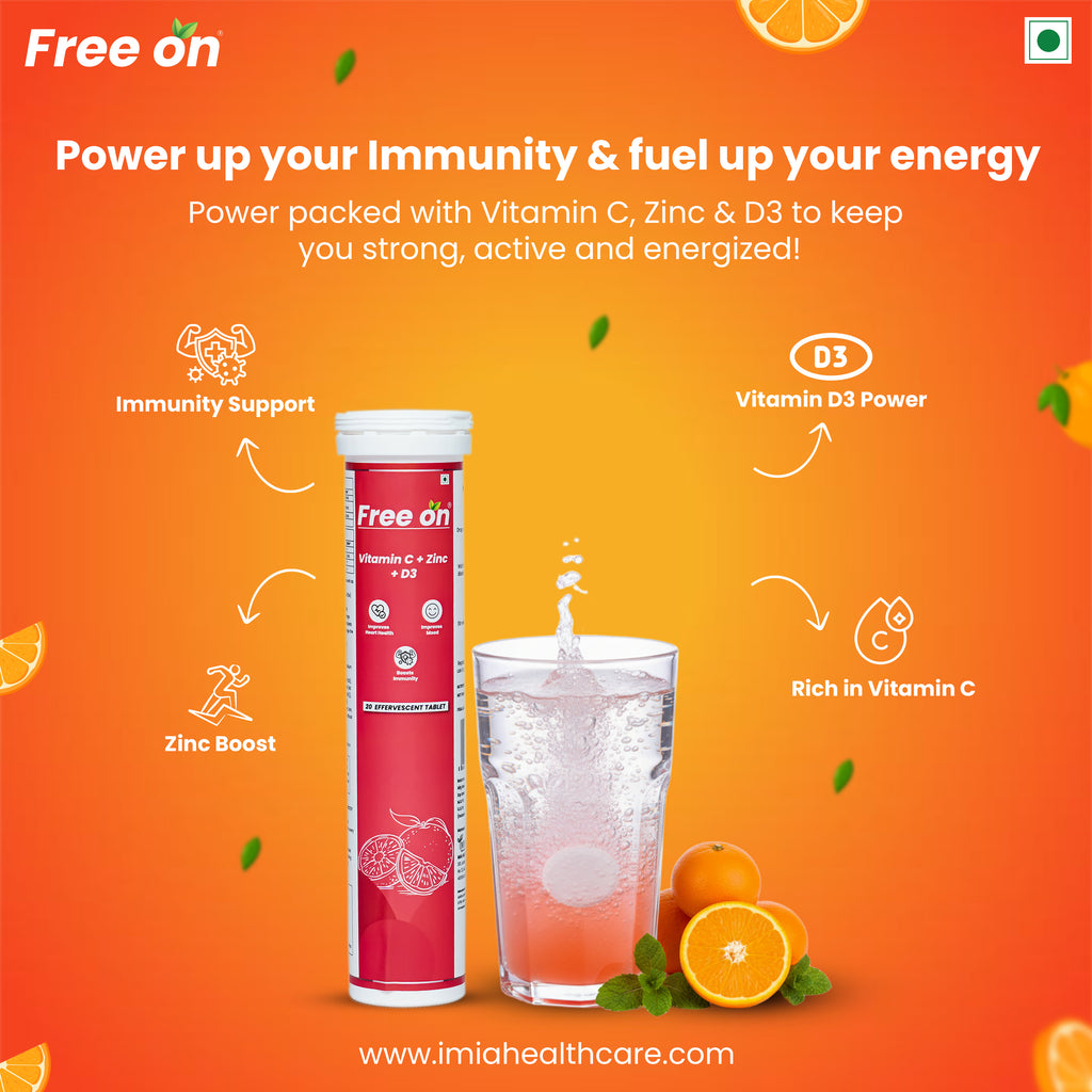 Free on immunity booster supplement with a glass of water and oranges on an orange background. Centered is a tall red and white tube next to a glass of sparkling water with a dissolving effervescent tablet. Icons highlight four key benefits Immunity Support, Zinc Boost, Vitamin D3 Power, and Rich in Vitamin C. with website mentioned below www.imiahealthcare.com