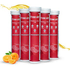 Multiple red and white supplement tubes labeled 'Free on' with oranges and a splash of liquid on a white background.