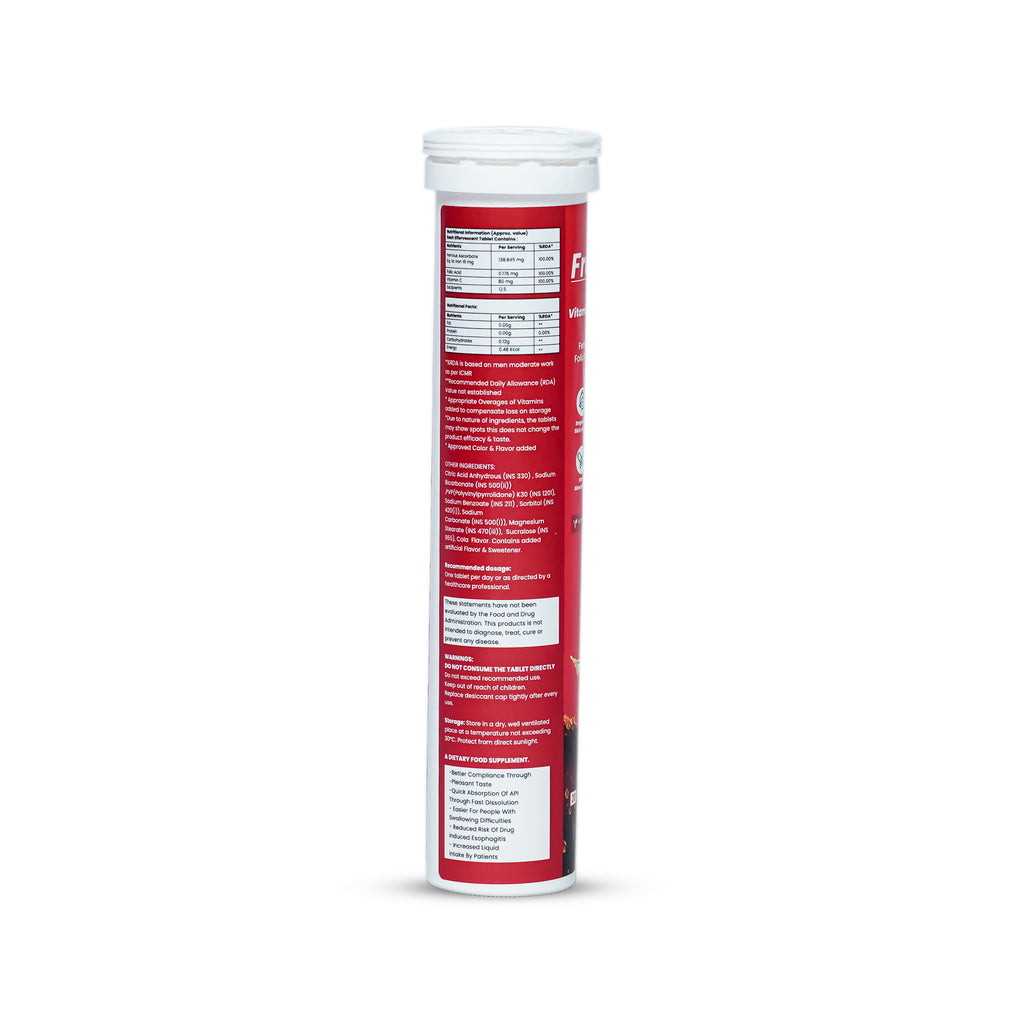Red supplement tube with white label on a white background