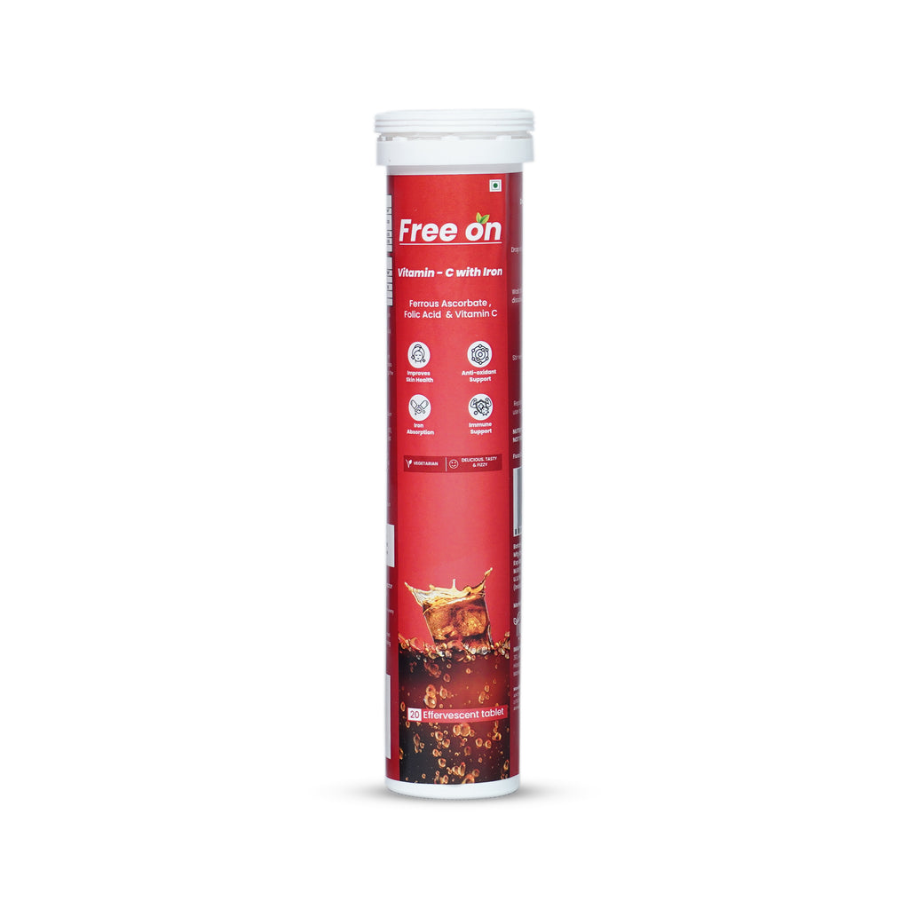 Red supplement tube with 'Free on' branding on a white background