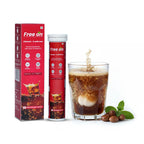 Free'on Vitamin C with Iron supplement packaging and a glass of iced tea.