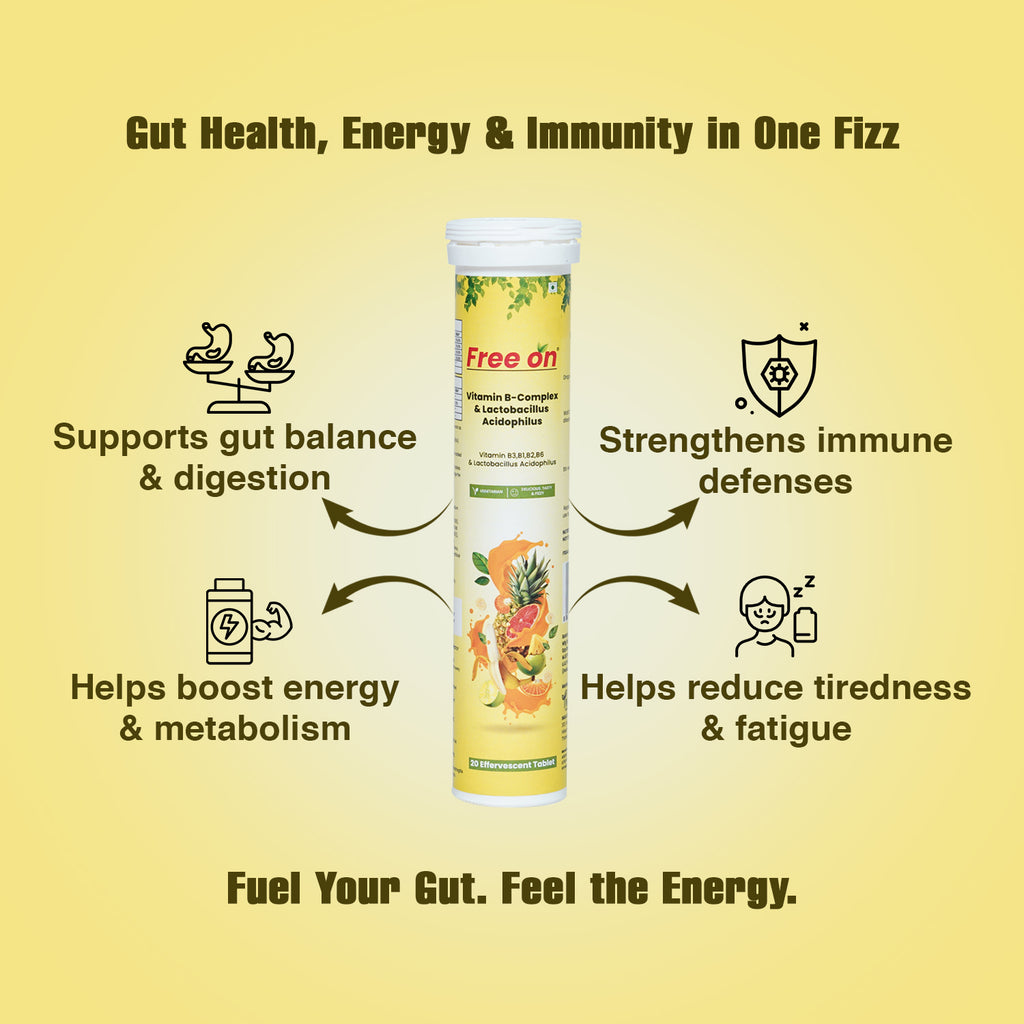 Free On effervescent tablets for gut health, energy, and immunity. Product contains Vitamin B-Complex B3, B1, B2, B9 and Lactobacillus Acidophilus probiotics. Infographic highlights benefits: supports gut balance and digestion, boosts metabolism, strengthens immune defenses, and reduces tiredness and fatigue. Orange and pineapple flavor illustration on yellow background.