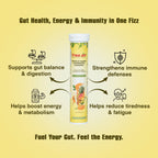 Free On effervescent tablets for gut health, energy, and immunity. Product contains Vitamin B-Complex B3, B1, B2, B9 and Lactobacillus Acidophilus probiotics. Infographic highlights benefits: supports gut balance and digestion, boosts metabolism, strengthens immune defenses, and reduces tiredness and fatigue. Orange and pineapple flavor illustration on yellow background.