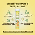 Tube of FreeOn Effervescent Tablet with text on a yellow background which shows the USP of product like Lab - Tested, clinical Study, consistent potency nad high - quality ingredients. Clinically supported & quality Assured and bottom Trusted support for gut health, energy & immunity. 