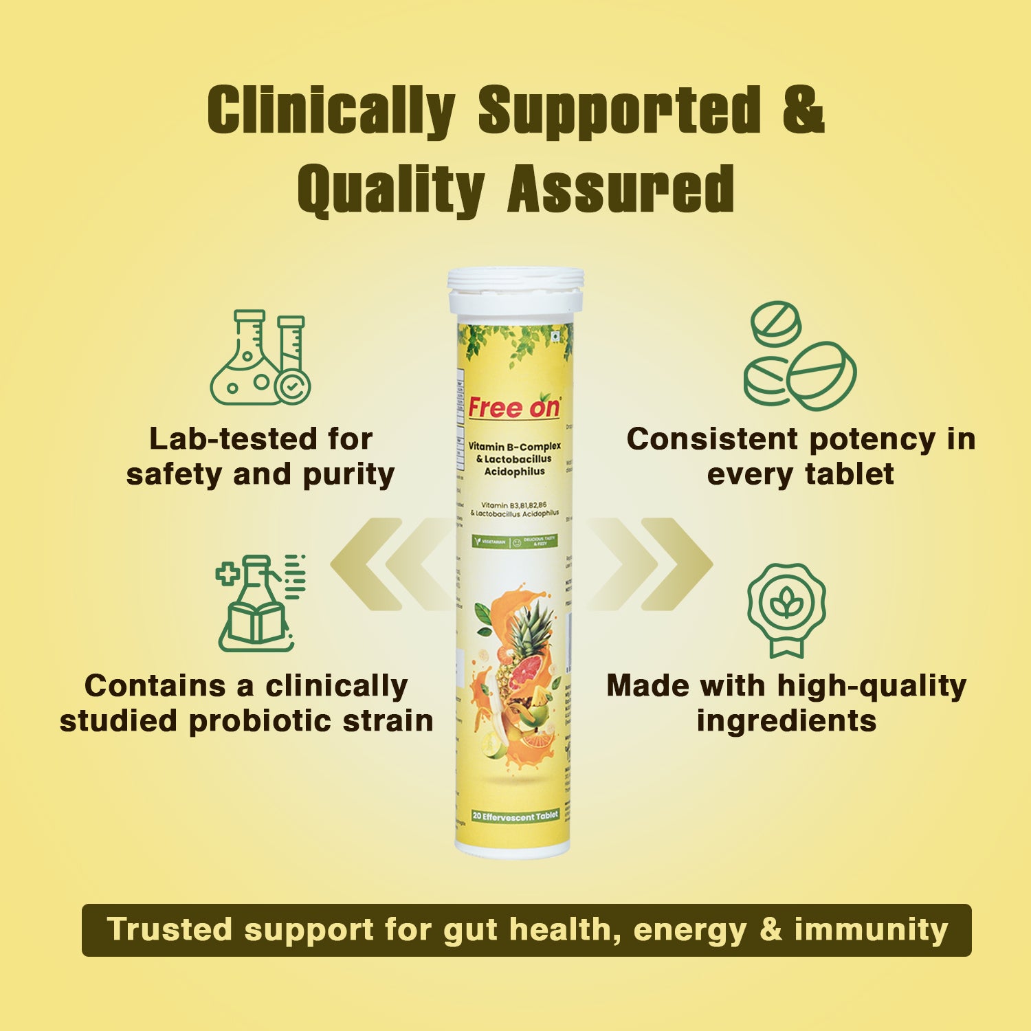 Tube of FreeOn Effervescent Tablet with text on a yellow background which shows the USP of product like Lab - Tested, clinical Study, consistent potency nad high - quality ingredients. Clinically supported & quality Assured and bottom Trusted support for gut health, energy & immunity. 