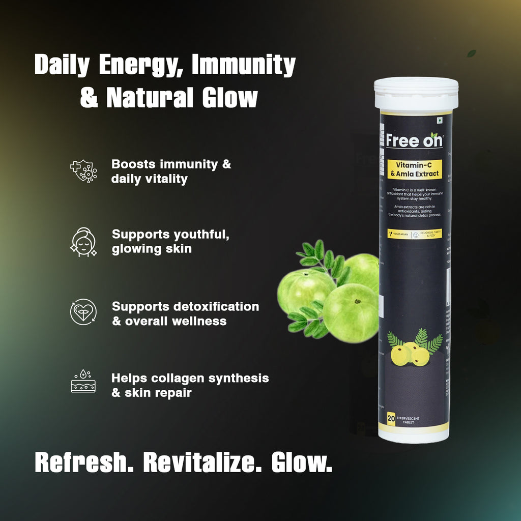 Free On Vitamin-C & Amino Extract supplement tube with Amla and text on a dark background. Product features 20 tablets for detoxification, collagen synthesis, and youthful skin repair with antioxidant-rich Amla. Best antioxidant supplement for collagen synthesis and detox.