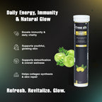 Free On Vitamin-C & Amino Extract supplement tube with Amla and text on a dark background. Product features 20 tablets for detoxification, collagen synthesis, and youthful skin repair with antioxidant-rich Amla. Best antioxidant supplement for collagen synthesis and detox.