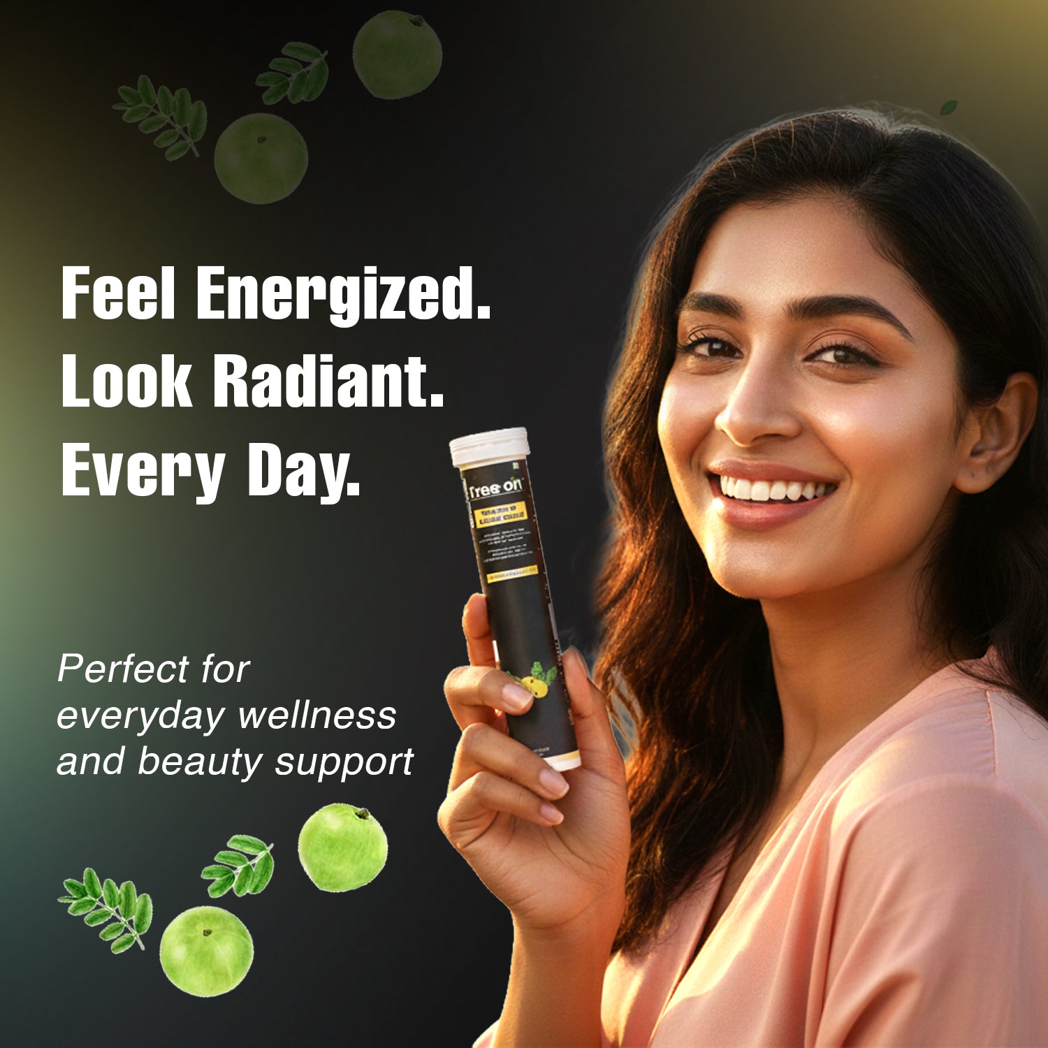 Smiling woman holding Freeon Vitamin C effervescent tablets holding a supplement bottle with text about energy and wellness on a dark background. Glowing skin and immune support. Promotional graphic featuring Amla extracts, focusing on daily wellness, natural beauty supplements, and energy boosting benefits with a dark, premium aesthetic.