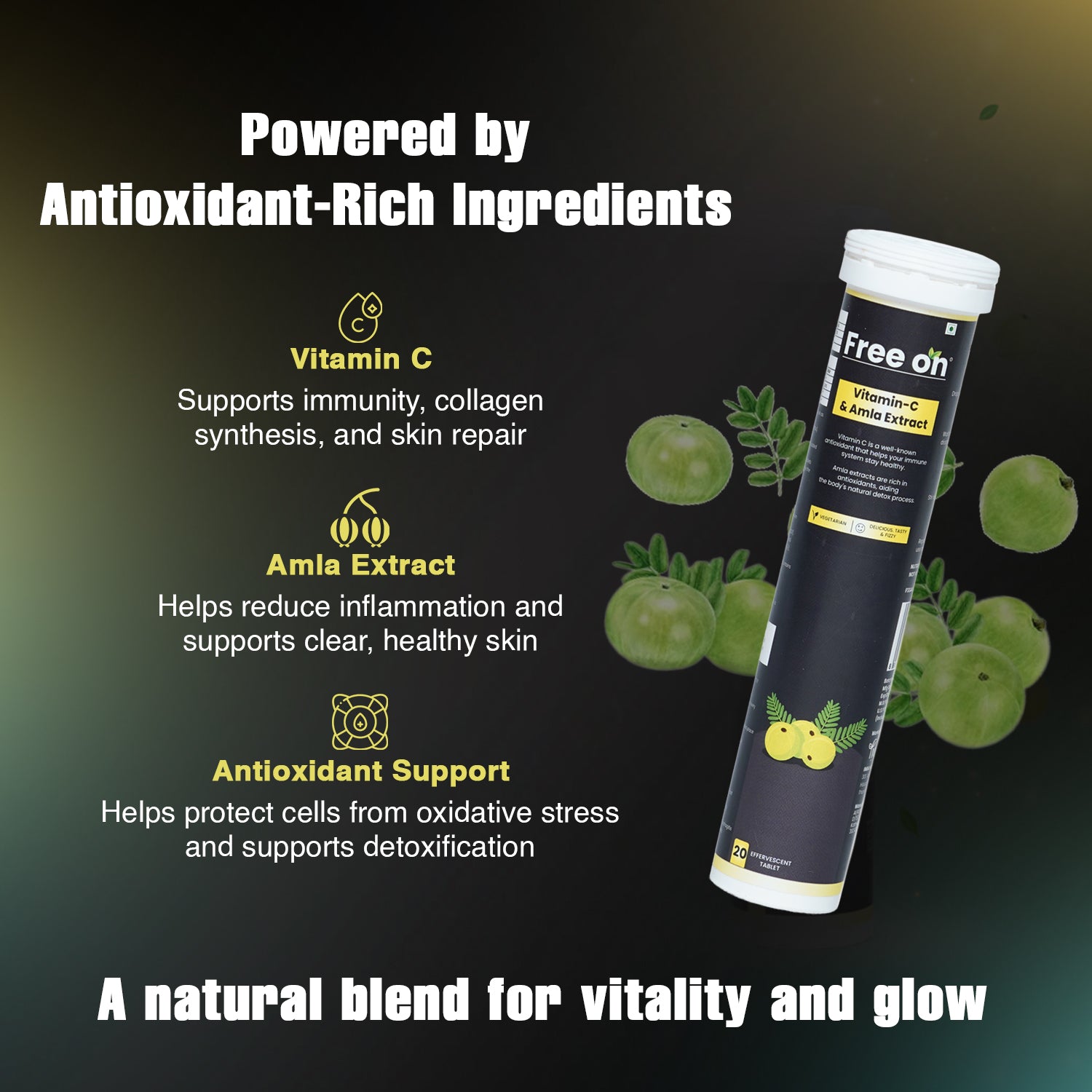 Free On Vitamin C and Amla Extract effervescent tablets for skin glow and immunity. Picture showing antioxidant-rich ingredients for collagen synthesis, skin repair, and detoxification. Natural antioxidant supplement tube with Amla fruit illustrations for vitality and oxidative stress protection.