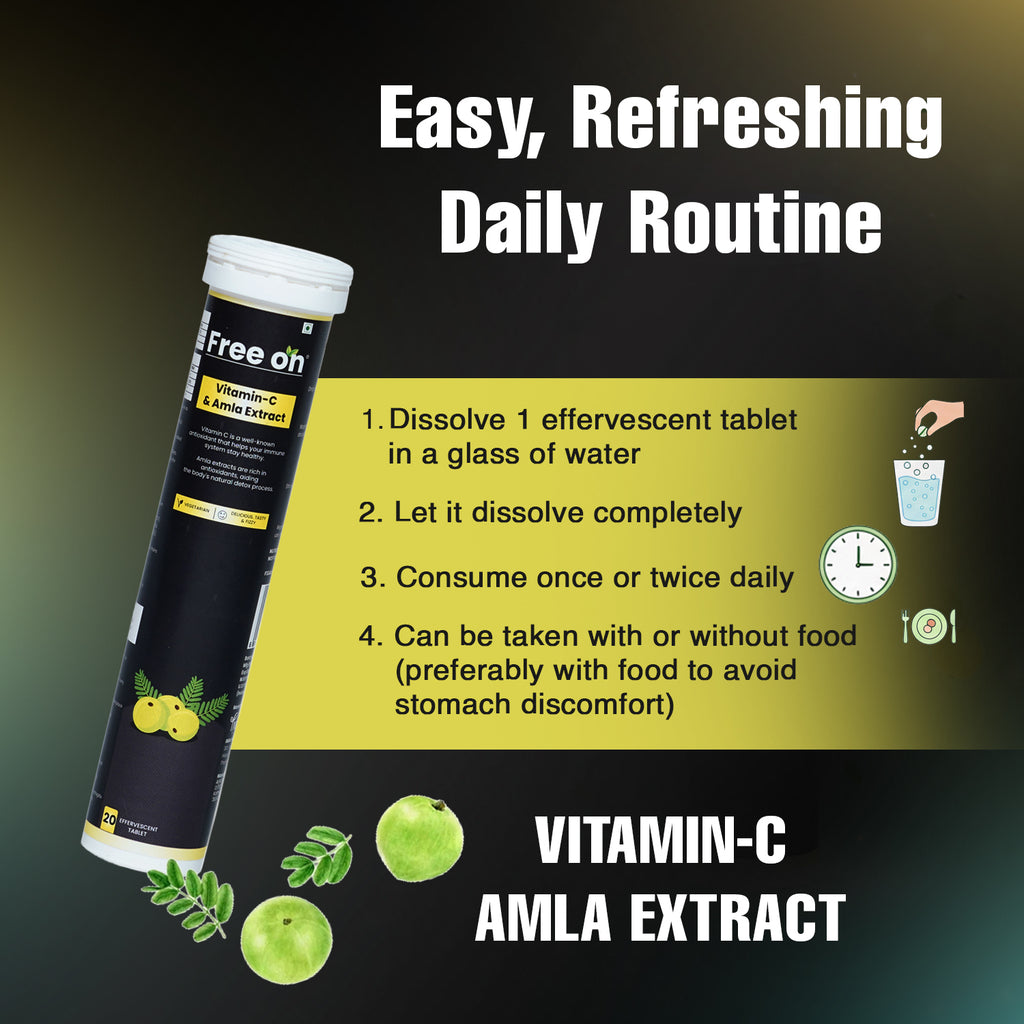 Free On Vitamin C & Amla Extract effervescent tablets. Features a black and yellow tube of 20 effervescent tablets next to fresh Amla fruit. The image details a 4-step daily routine: dissolve 1 tablet in water, let it dissolve, consume 1-2 times daily, and take with food to avoid stomach discomfort. High-potency antioxidant supplement for immune support and natural detox
