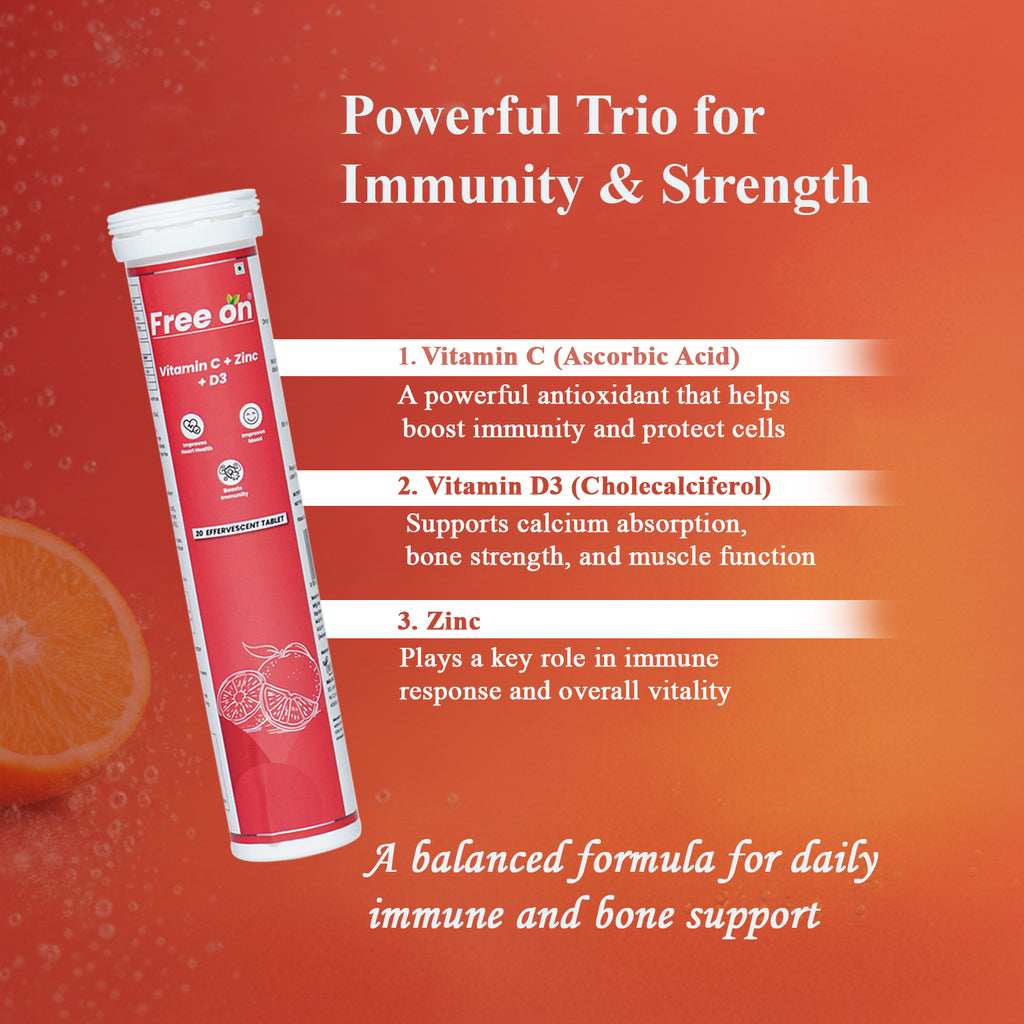 Free on effervescent tablets featuring a Powerful Trio for Immunity & Strength. The image displays key points of this product a red and white tube of Vitamin C, Zinc, and Vitamin D3 supplements alongside a sliced orange. The text highlights three key ingredients Vitamin C Ascorbic Acid for antioxidant support and immunity, Vitamin D3 Cholecalciferol for calcium absorption, bone strength, and muscle function; and Zinc for immune response and vitality.