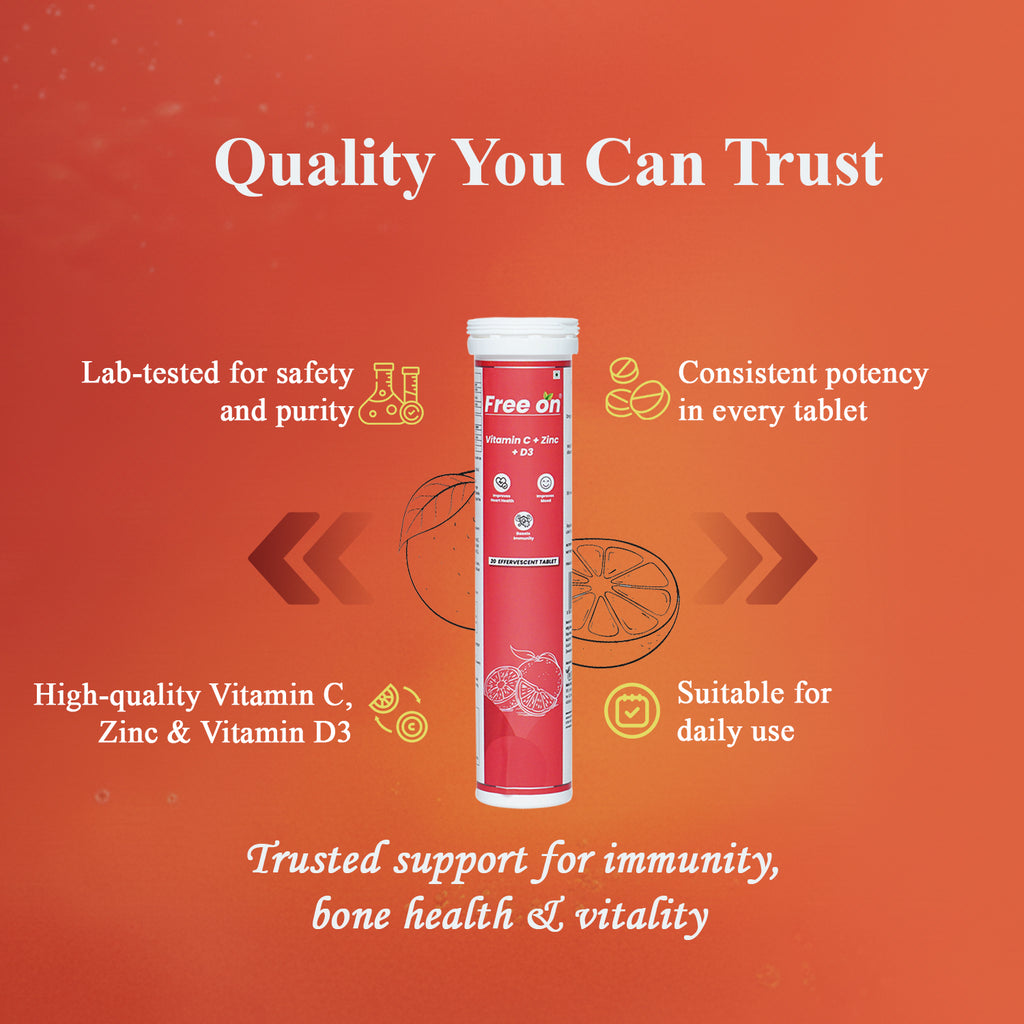 Free On Vitamin C, Zinc, and Vitamin D3 effervescent tablets. A tall white and orange tube of immunity booster supplements is centered on a vibrant orange background with citrus illustrations. Key features highlighted include lab-tested safety, consistent potency, high-quality ingredients, and suitability for daily use. Text emphasizes trusted support for immunity, bone health, and vitality.